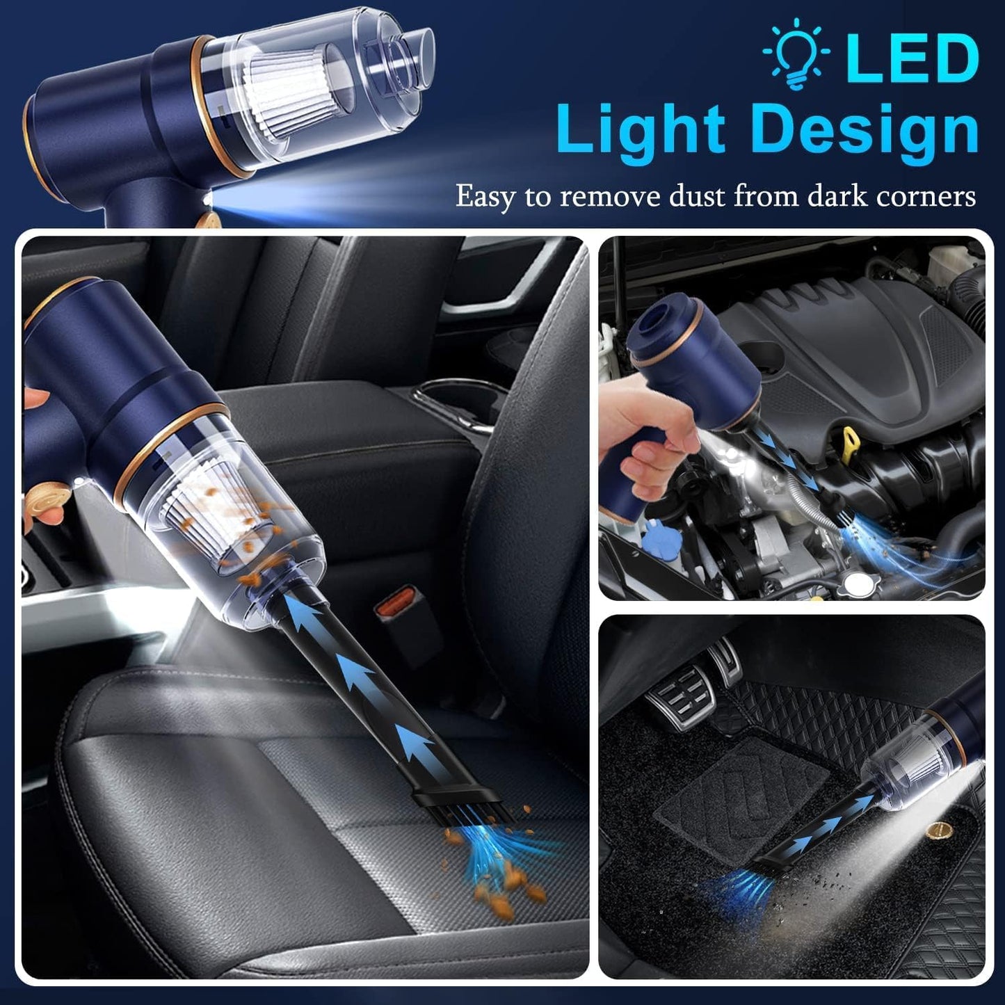 Handheld Car Vacuum Cleaner, 9000Pa Vacuum Cleaner and Air Duster, 120W High Power Hand Held Vacuum with LED Light and Multi-Nozzles for Car, Home, Office, Pet