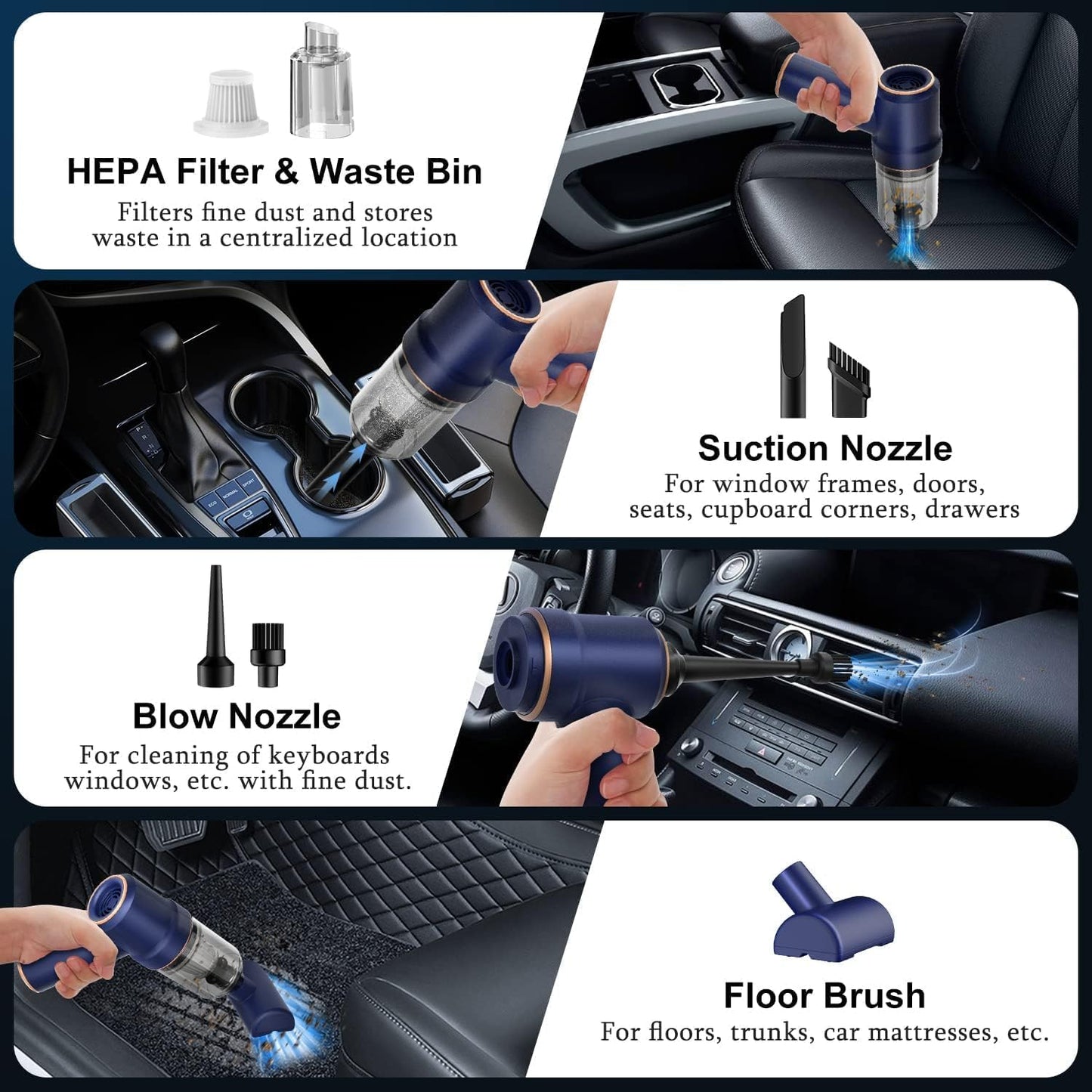Handheld Car Vacuum Cleaner, 9000Pa Vacuum Cleaner and Air Duster, 120W High Power Hand Held Vacuum with LED Light and Multi-Nozzles for Car, Home, Office, Pet